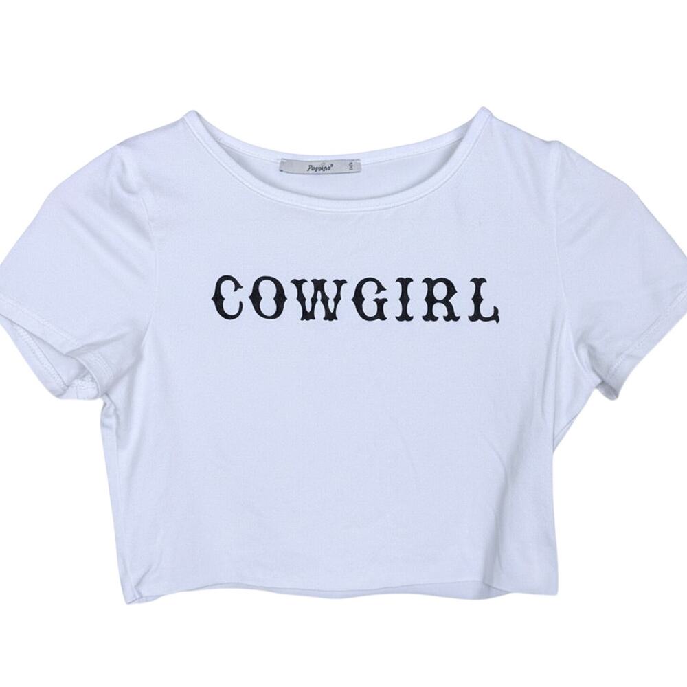 Cowgirl Y2K Cropped Graphic White Black Baby Tee T-Shirt Top Women's XS Papaya